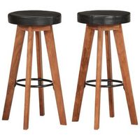 conjunto de 2 taburetes altos de bar diseno retro en piel autentica negra y madera de acacia dec029567