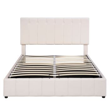 Cama Tapizada 140x200 Cm - Cama Doble Con Almacenamiento Hidráulico, Cabezal Ajustable, Latas Metálicas - Crema