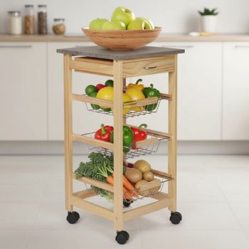 Carrito Auxiliar Con Ruedas 3 Estantes Con Cajón, Verdulero De Cocina En Madera Natural, Verdulero Práctico