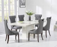carvelle 160cm white pedestal marble dining table with freya chairs