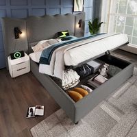 cama doble 160x200 gris lino lampara lectura usb-c somier listones maderametal almacenamiento sin colchon
