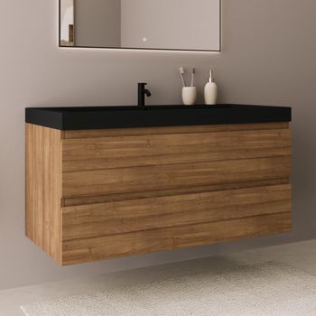 Mueble De Baño Suspendido Con Lavabo Negro 100 Cm Roble Claro Con 2 Cajones - Lomazoo Monaco