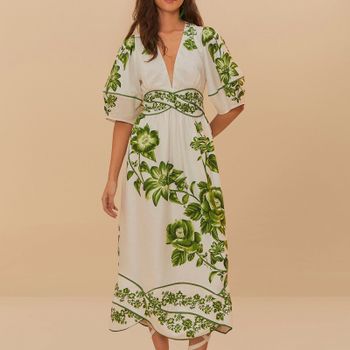 Farm Rio Green Floral Cascade Cotton Midi Dress - S