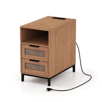 Costway Mesita de Noche Ratán con Estación de Carga y 2 Cajones Estilo Boho con Almacenamiento Abierto Natural y Negro