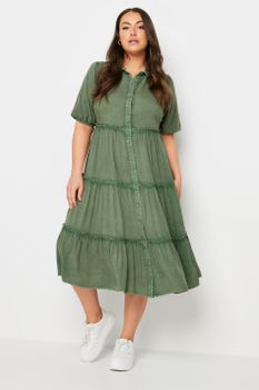 Yours Vestido Verde De Algodón Estilo Escalonado, Mujer Curvy Y Tallas Grandes, Yours