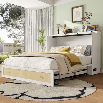 Cama Doble 140x200 Blanca Con Cajones De Almacenamiento, Estante En La Mesita De Noche Y Toma Usb, Cama Plataforma Transformable