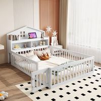 cama infantil 140 x 200 con rejilla protectora y puerta - madera maciza - estantes y almacenaje - blanco