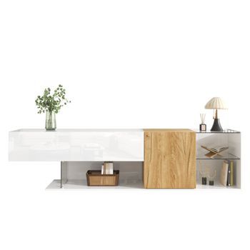 Mueble De Tv Con Almacenaje - Estantes De Cristal - 180 Cm - En Blanco Brillante