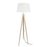 lampara de pie tripode madera natural pantallo crudo