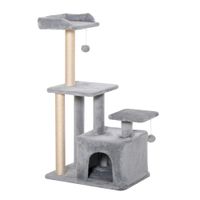 pawhut arbol rascador para gatos altura 114 cm con postes de sisal 3 plataformas casita y 2 bolas colgantes gris claro   aosom espana