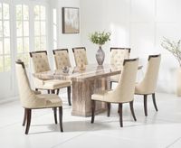 carvelle 160cm brown pedestal marble dining table with angelica chairs
