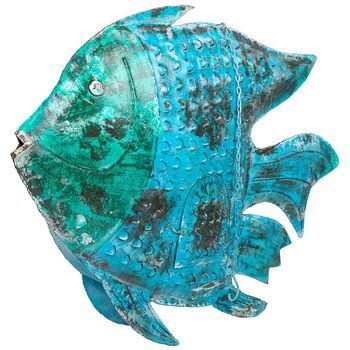 Pez Portavela De Metal Envejecido Azul