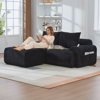 Sofá Modular De 2 Plazas Con Reposapiés - Mueble Para Salón - Pana - Negro (200x174x80cm)