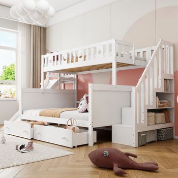 Litera Infantil Blanca Con Tobogán, Camas De 90 X 200 Y 140 X 200 Cm