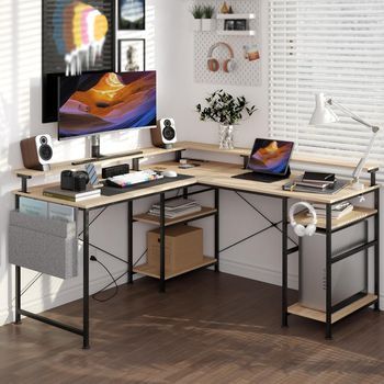 Escritorio Gaming En Forma De L Con Led, Toma De Corriente, Estantes Y Soporte Para Pantalla, Escritorio Reversible Para Oficina En Casa, Beige