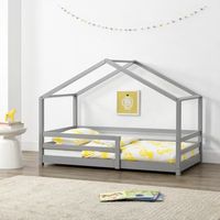 cama para ninos - 90 x 200 cm - cama infantil con somier - estructura de madera pino - en diseno de casa - con reja de seguridad - proteccion - gris claro lacado mate encasa