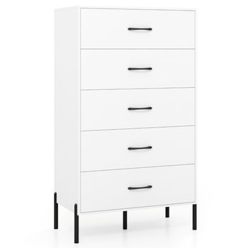 Costway Cajonera de 5 Cajones Cómoda Alta con Patas y Tiradores de Metal Organizador de Almacenamiento de Madera con Cajones y Kits Blanco