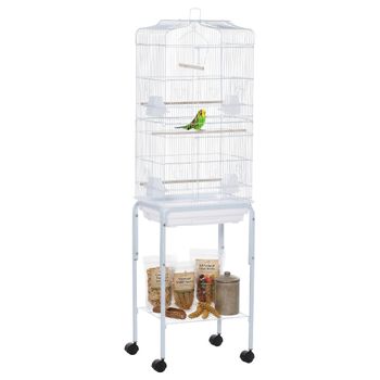 PawHut Jaula para Pájaros con Soporte Jaula Metálica con Ruedas Bandeja Extraíble y Estante 46,5x36x157 cm Blanco   Aosom España