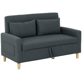 HOMCOM Sofá de 2 Plazas Tapizado en Lino Sintético con Espacio de Almacenaje 2 Almohadas y Patas de Madera 135x71x84 cm Gris   Aosom España