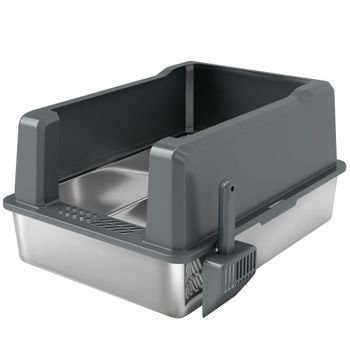 PawHut Arenero para Gatos de acero inoxidable 85L gran capacidad casa de arena semicerrada, 71x50,8x35,5 cm Gris