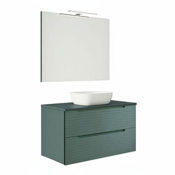 Kibath Mueble De Baño Con Lavabo, Espejo Y Aplique Led Boreal 100x45 Cm Sobre Encimera Acabado Verde Lago Mate 2 Cajones Suspendido