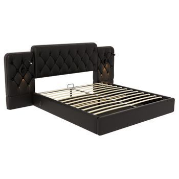 Cama Tapizada 160x200 Cm - Cabecero Largo, Varios Puertos Usb, Lámpara De Escritorio, Sistema Hidráulico, Gran Espacio De Almacenamiento - Negro Pu