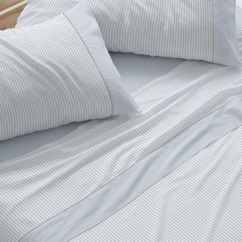 Juego De Sábanas 100% Algodón Extrasuave Diseño Rayas Azul 200 X 190/200 Cm - Azul - Burrito Blanco
