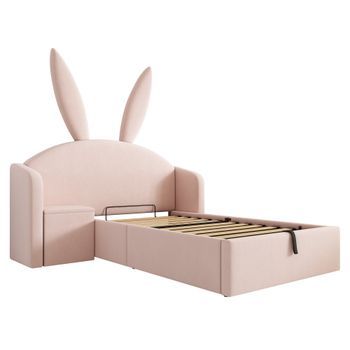 Cama Infantil De Terciopelo Rosa 90 X 200 Cm Con Orejas De Conejo, Mesita Reversible Y Almacenaje Hidráulico