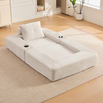 Sofá Cama Plegable - Mueble Para Salón - Pana - Beige (122x98x80cm)