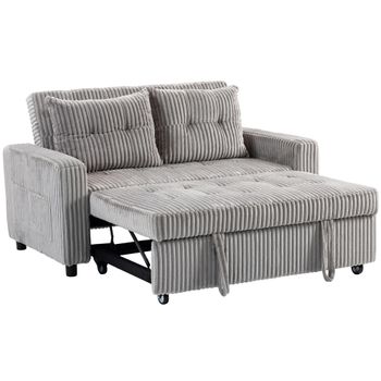 HOMCOM Sofá cama 2 plazas, tapizado de pana, convertible en cama, 2 cojines, bolsillos laterales, 157 x 190 cm, Gris claro