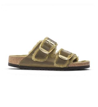 Birkenstock para mujer. 1023240 Sandalias Arizona Big Buckle Lana de borrego (Ajuste Estrecho) verde oliva (41), Marrón, Plano, Hebilla, Cas