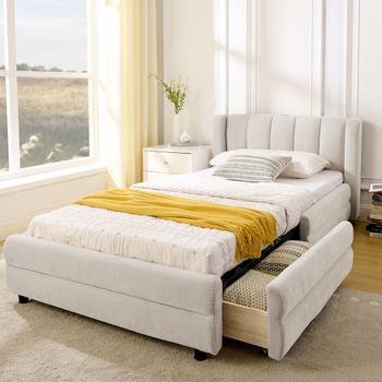 Cama Simple De 90x200 Cm, Tela Chenilla, Puerto Usb, 2 Cajones, Almacenamiento, Cabecera, Ergonómica, Sin Colchón, Para Niños O Invitados, Color Beige
