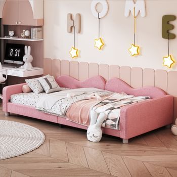 Cama Sofá Infantil Acolchada Multifuncional Con Respaldo Y Reposabrazos De Tela Teddy, 90x200 Cm, Rosa