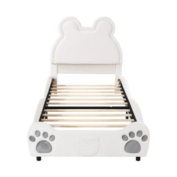 Cama Infantil Forma De Oso Con Somier Silencioso, Cama Tapizada 90x200 En Terciopelo Blanco