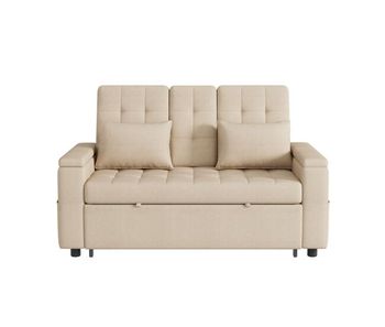 Sofá cama 2 plazas - con almacenamiento, respaldo ajustable, cojines y reposabrazos, beige