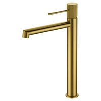 grifo monomando para lavabo alto en laton con acabado oro cepillado y cartucho ceramico