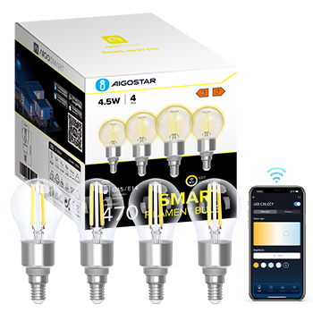 Aigostar Bombilla Inteligente Alexa， Bombilla Led E14 Vintage， G45 Transparente Tipo Globo， 4.5W， 470LM， Regulable Cálida a Fría 2700K a 6500K， Compatible con Alexa y Google home， 4 PCS.