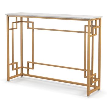 Costway Mesa Consola Estrecha con Tapa de Mármol Mesa Auxiliar con Dispositivo Antivuelco para Sala de Estar Entrada 110 x 30 x 81 cm Blanco