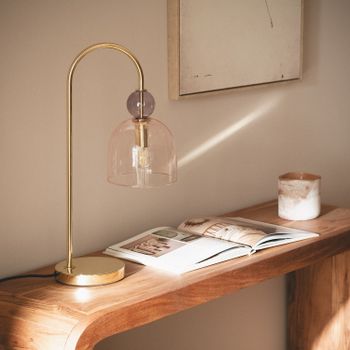 LEDKIA LIGHTING - Lámpara de Mesa Metal y Cristal Baudelaire | Diseño Elegante Vintage | Compatible con Bombilla E14 | Uso Interior | 20W Máx | Dimensiones Compactas, Dorado, Cristal