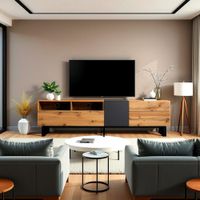 mueble para tv moderno en bloques de color con vetas de madera y gris