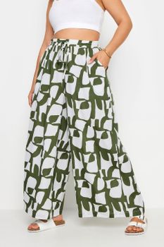 Limited Collection Pantalón Blanco Y Verde Estampado Retro Abstracto, Mujer Curvy Y Tallas Grandes, Limited Collection