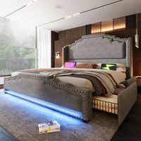 cama tapizada de 180 x 200 cm con cabecero y 4 cajones - terciopelo - luces led y puertos usb-c - gris colchon no incluido