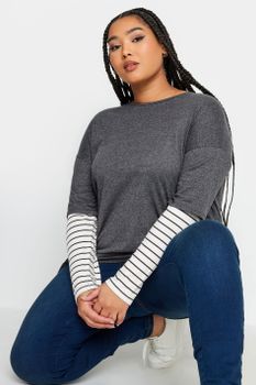Yours Camiseta Gris Con Rayas Efecto Doble Capa, Mujer Curvy Y Tallas Grandes, Yours