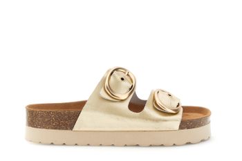 sandalias de plataforma en piel laminada con doble hebilla light gold