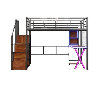 Cama alta 90 x 200 cm - con led, escalera con estantes, escritorio, armario y estanterías, sin colchón - negro