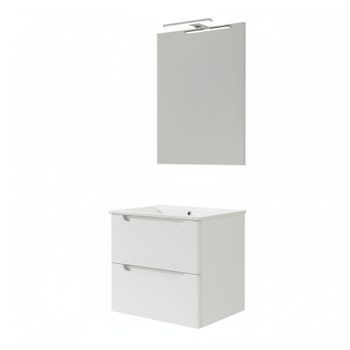 Kibath Mueble De Baño Con Lavabo, Espejo Y Aplique Led Victoria 60x45 Cm Acabado Blanco Mate 2 Cajones Suspendido
