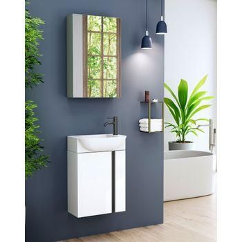 Mueble De Baño Suspendido A Pared Fondo Reducido | Mueble Aseo Volado Pequeño De 1 Puerta Y Lavabo Cerámico | 45cm