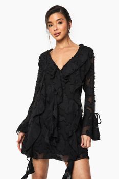 Vestido Recto En Tela Desgastada Con Estampado De Flores Y Volante, Negro