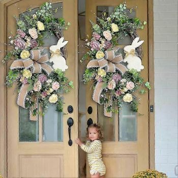 Coloca Una Corona De Pascua, Un Letrero De Bienvenida, Decoración De Pascua Para La Puerta Principal.