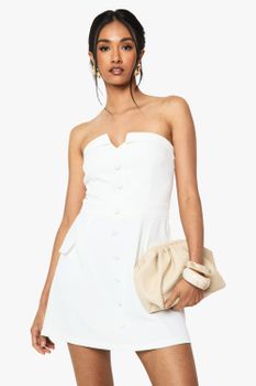 Vestido Mini Entallado Palabra De Honor Con Botones, Blanco